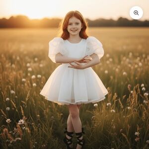 Charming White Kids Formal Dress with Puff Sleeves